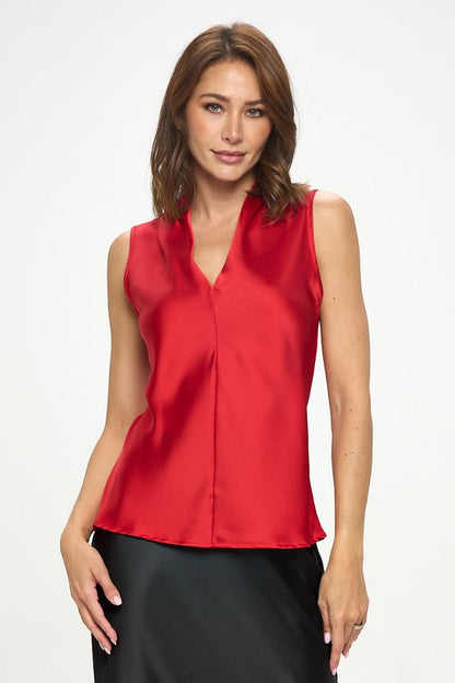 Silky Satin Vibrant V neck Sleeveless Top-0