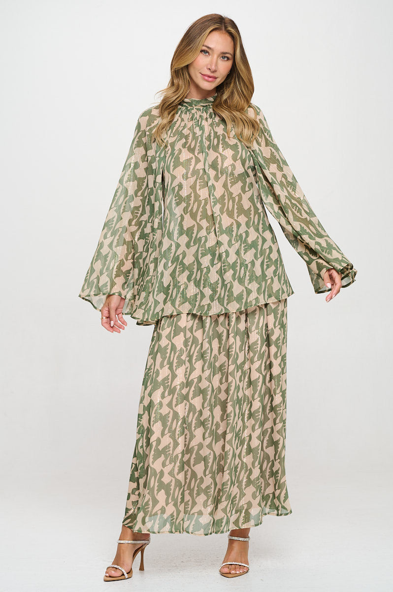 Print Sheer Long Bell Sleeve Top with Back Tie Detail-1