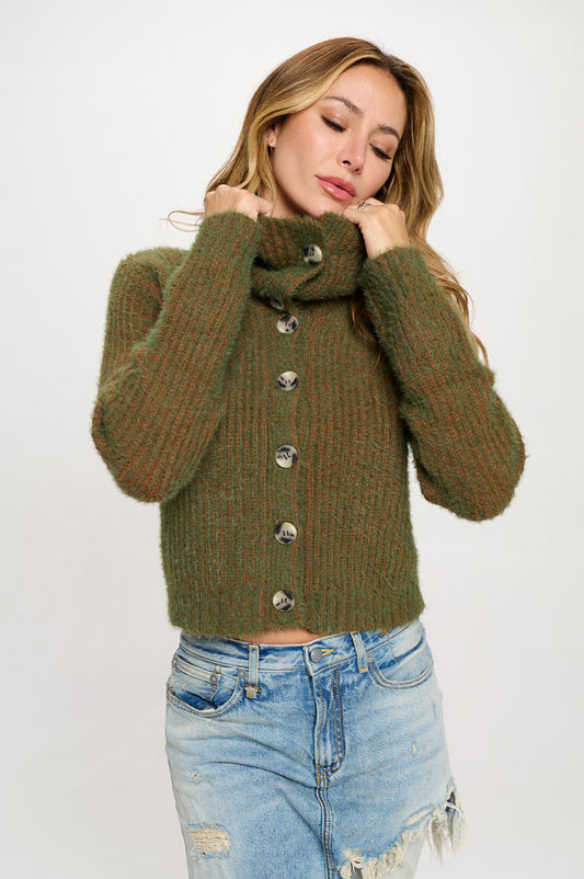 Knit Long Sleeve Collard Cardigan with Buttons-0