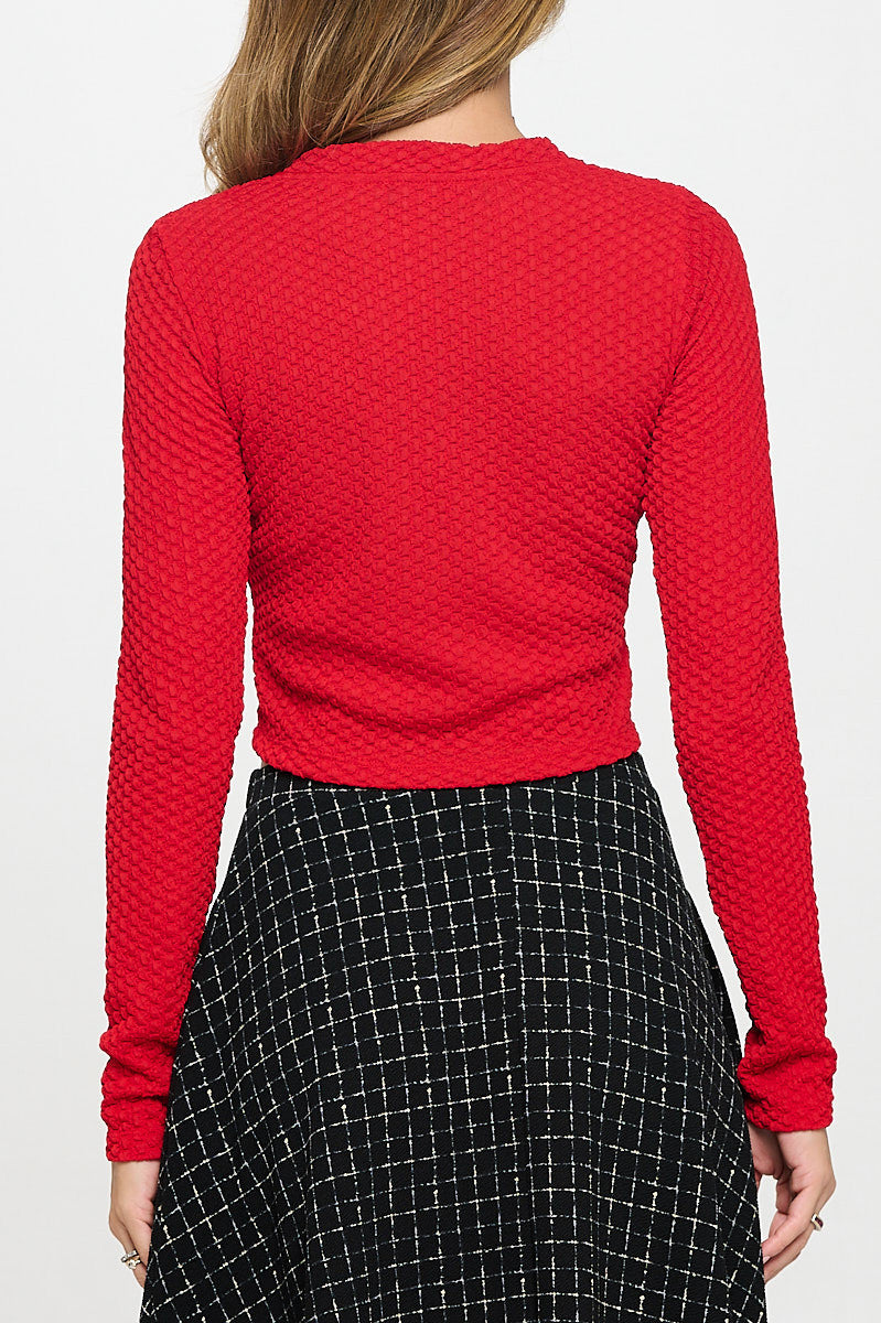 Textured Long Sleeve Round neck Crop Top-3
