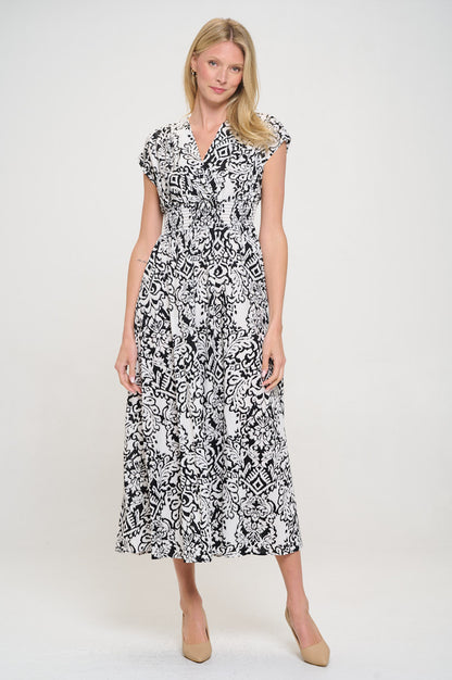 Print V neck Short Sleeve Dress w Smocked Elastic Waist-3