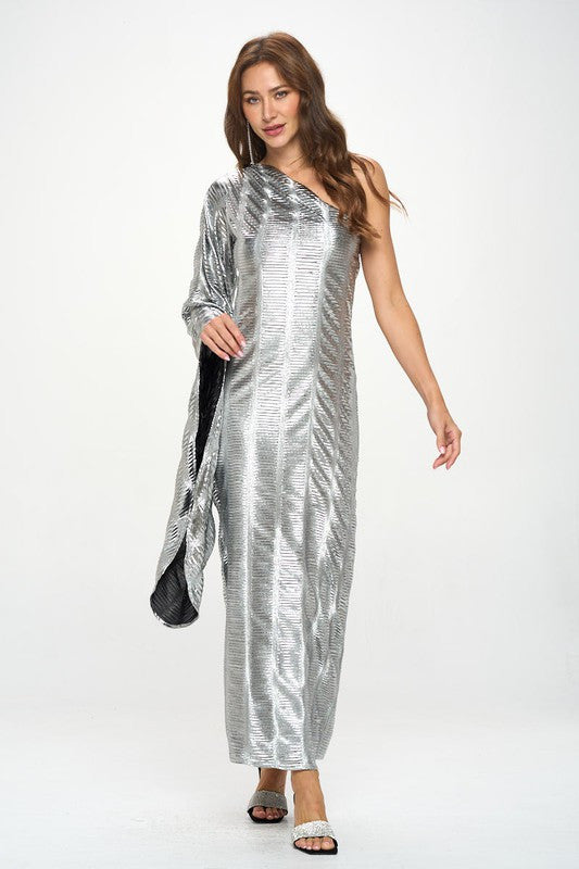 Metallic One Shoulder Bell Sleeve Maxi Dress-2