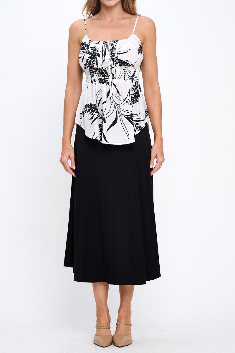 Leaf Print Spaghetti Strap Top with Smock Detail-1
