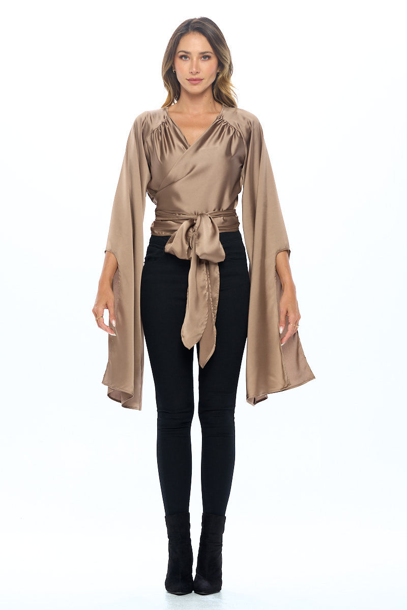 Stretch Satin Wrap Top with Exaggerated Sleeves-4