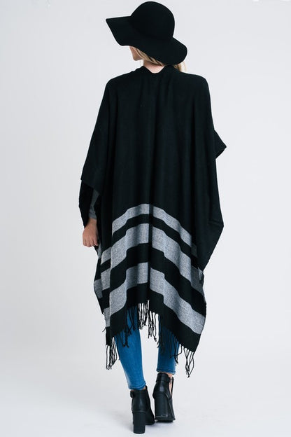 Striped Poncho with Fringe Detail-1
