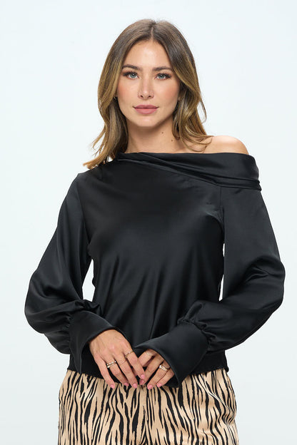 Dropped Shoulder Long Sleeve Satin Top-0