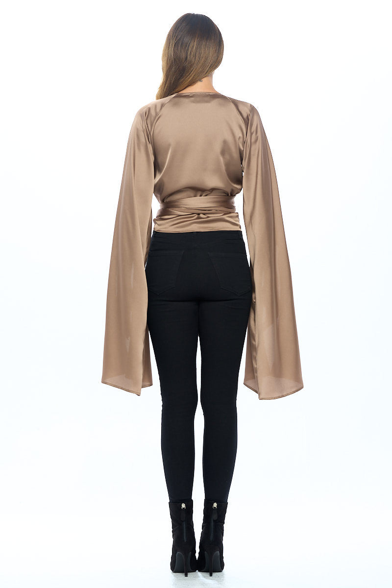 Stretch Satin Wrap Top with Exaggerated Sleeves-6