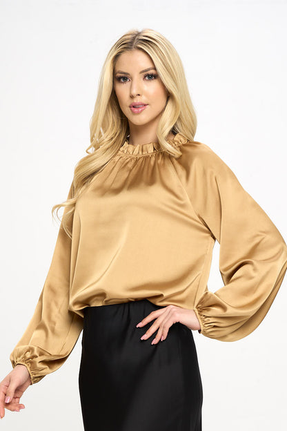 Solid Satin Ruffle Mock Neck Top-2
