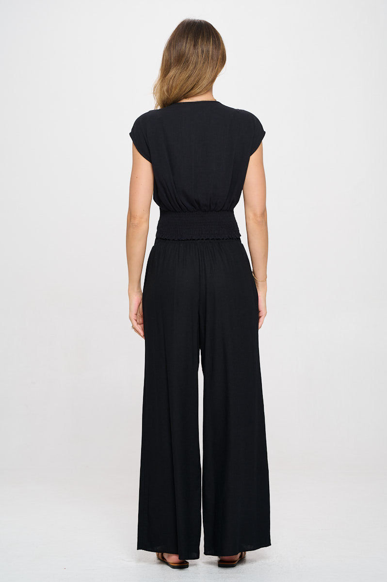 Solid Linen V neck Crop Top w Smock Back Detail-4