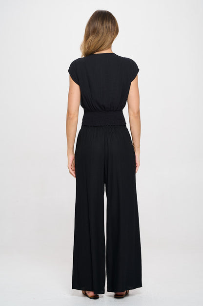 Solid Linen V neck Crop Top w Smock Back Detail-4
