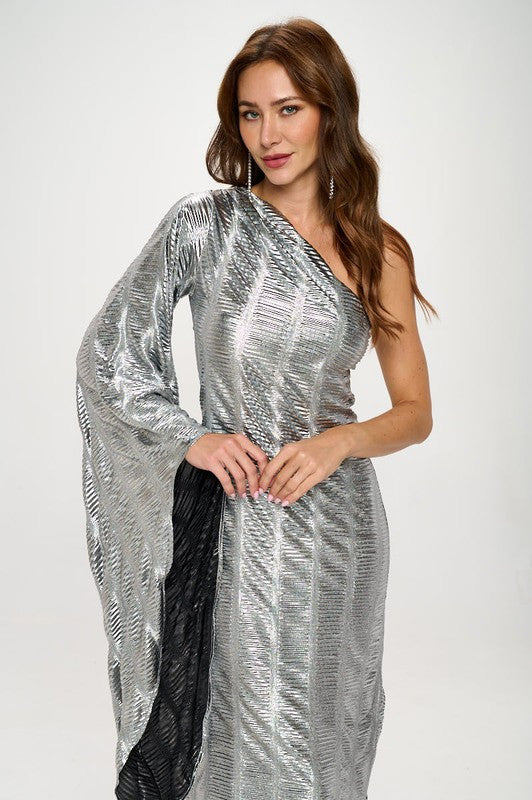 Metallic One Shoulder Bell Sleeve Maxi Dress-0