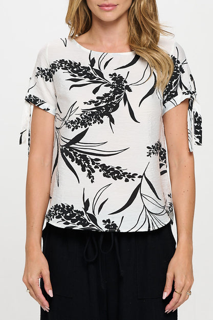 Floral Print Short Sleeve Top with Tie Sleeve-1
