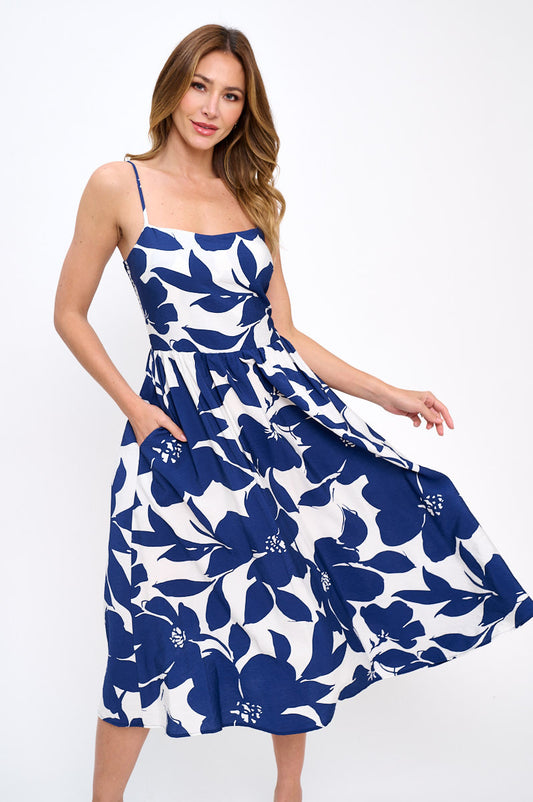 Floral Print Midi Sleeveless Dress with Pockets-0