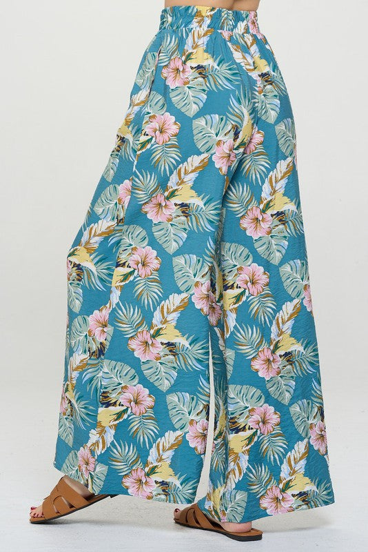 Tropical Print Wide Leg Pants with Pockets-3