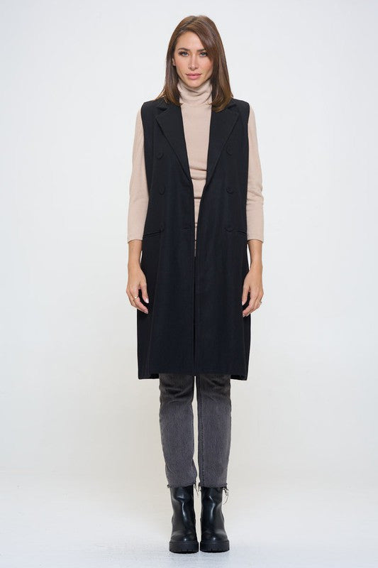 Double Breast Detail Sleeveless Coat with Collar-5
