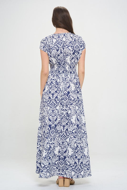 Print V neck Short Sleeve Dress w Smocked Elastic Waist-4