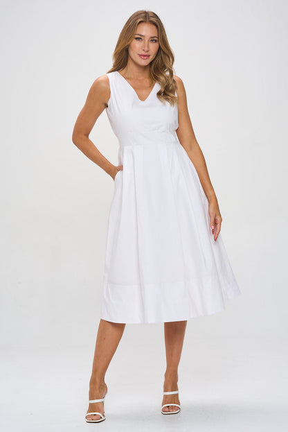 Cotton Poplin V neck Midi Dress with Pockets-1