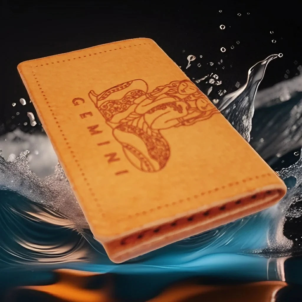 Exclusive handmade minimalist leather wallet with engraved zodiac Gemini.-1