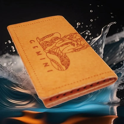 Exclusive handmade minimalist leather wallet with engraved zodiac Gemini.-1