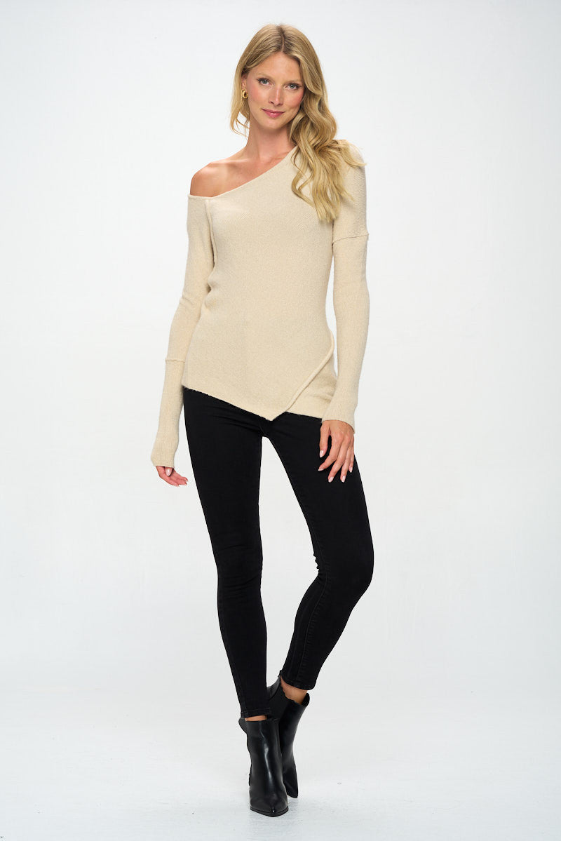 Knit Off Shoulder Tunic Sweater with Asymmetrical Hem-3