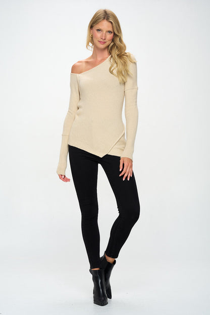 Knit Off Shoulder Tunic Sweater with Asymmetrical Hem-3