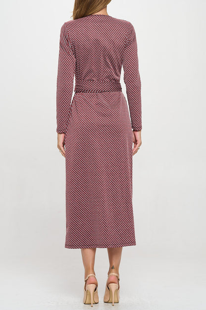 Brushed Knit Print V neck Jersey Wrap Maxi Dress with Tie-3