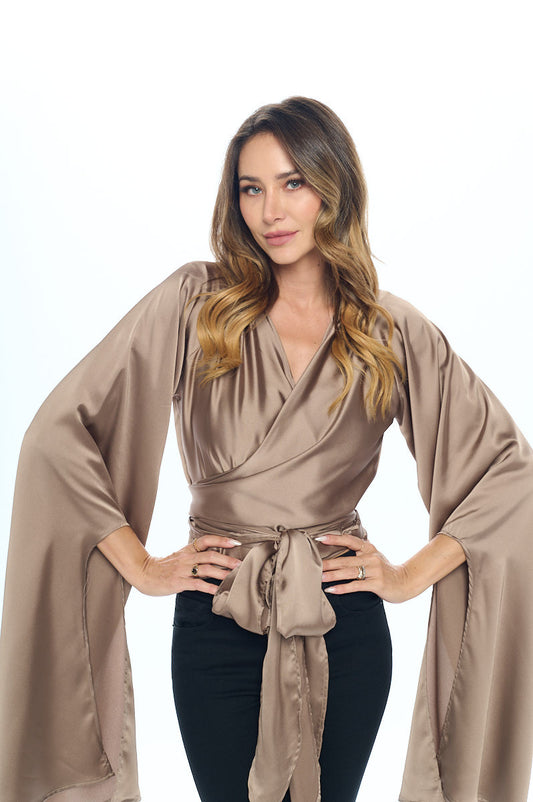 Stretch Satin Wrap Top with Exaggerated Sleeves-0
