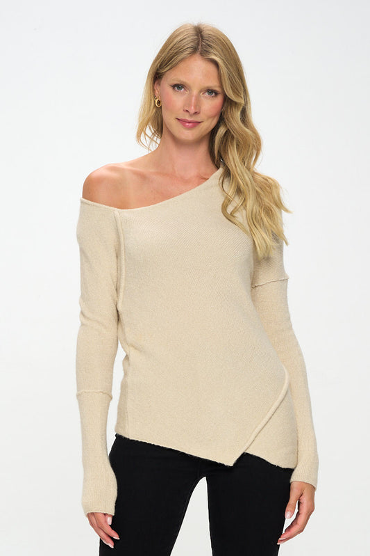 Knit Off Shoulder Tunic Sweater with Asymmetrical Hem-0