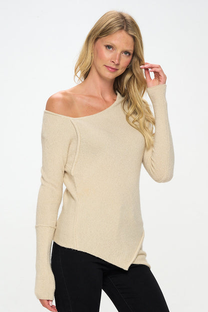 Knit Off Shoulder Tunic Sweater with Asymmetrical Hem-1