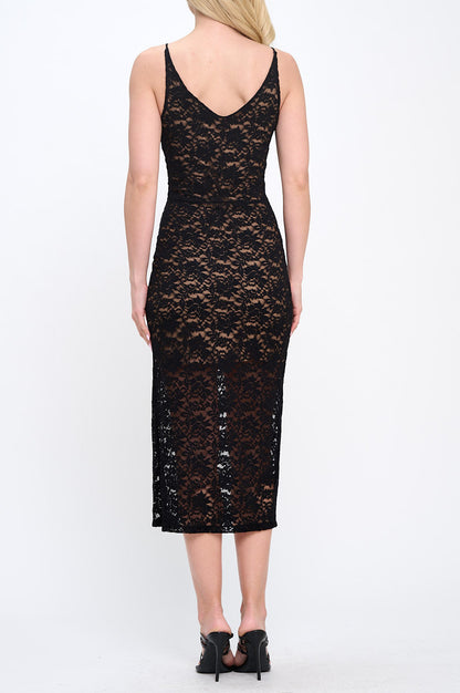 Lace Fully Lined V neck Midi Dress with Slit-3