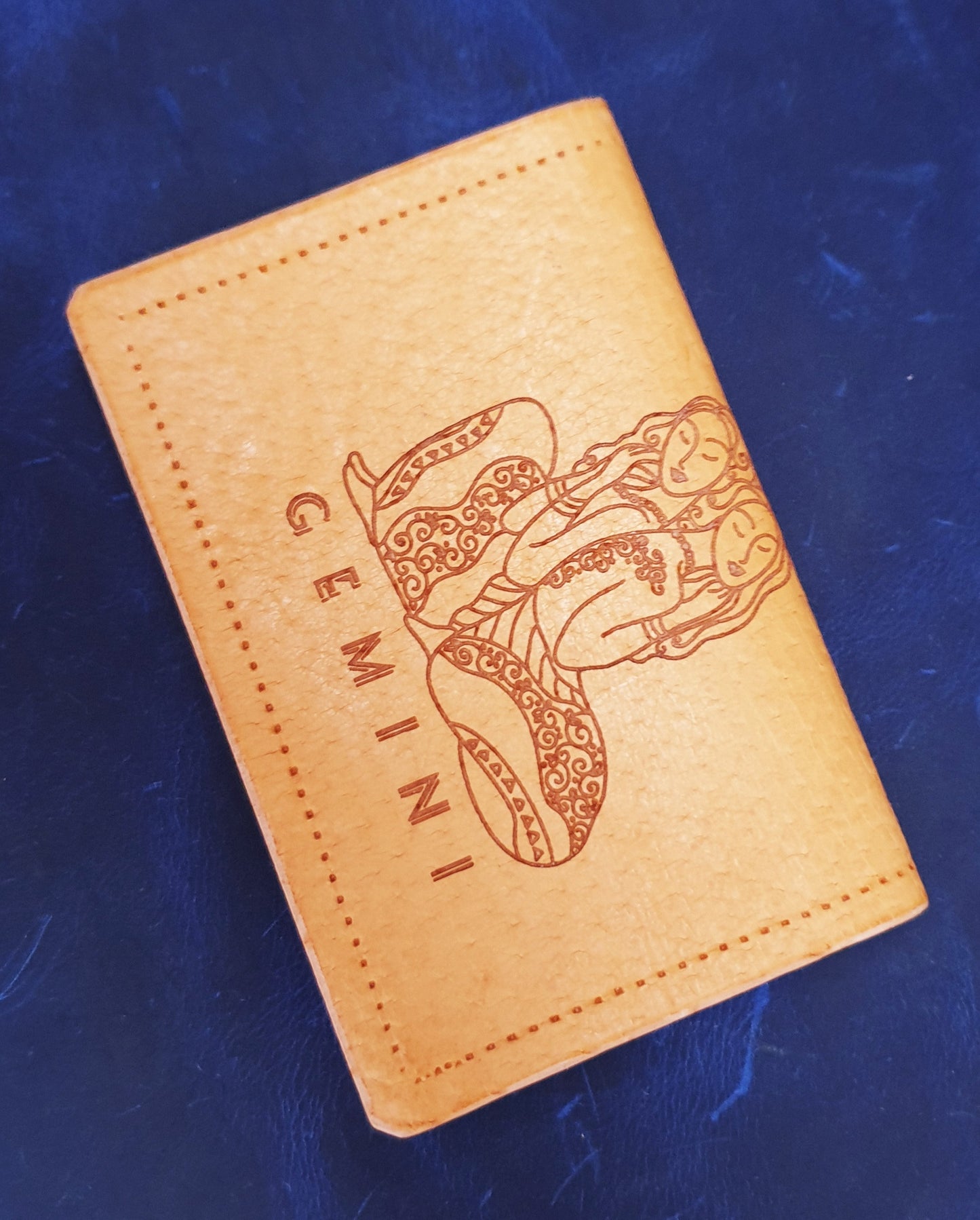 Exclusive handmade minimalist leather wallet with engraved zodiac Gemini.-3