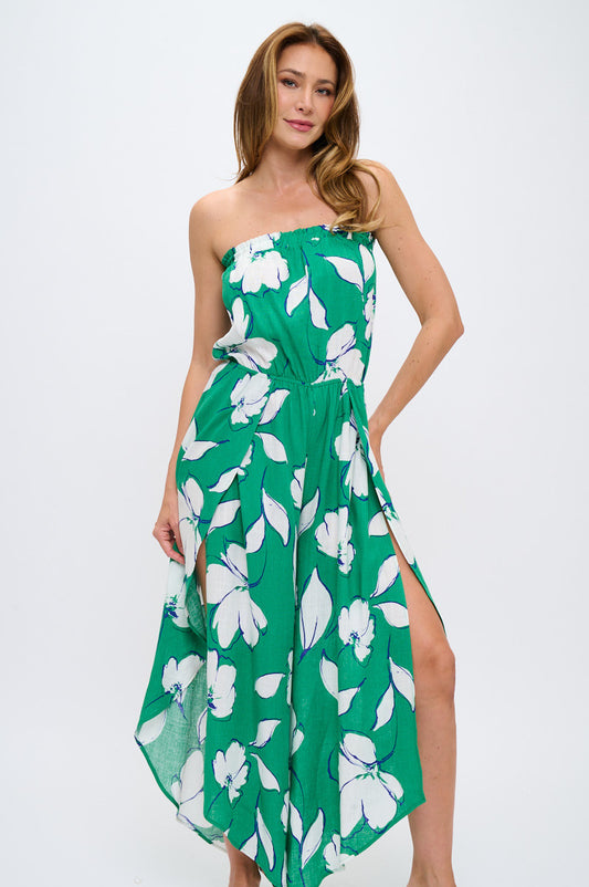 Leaf Print Strapless Jumpsuit with Split Leg Detail-0