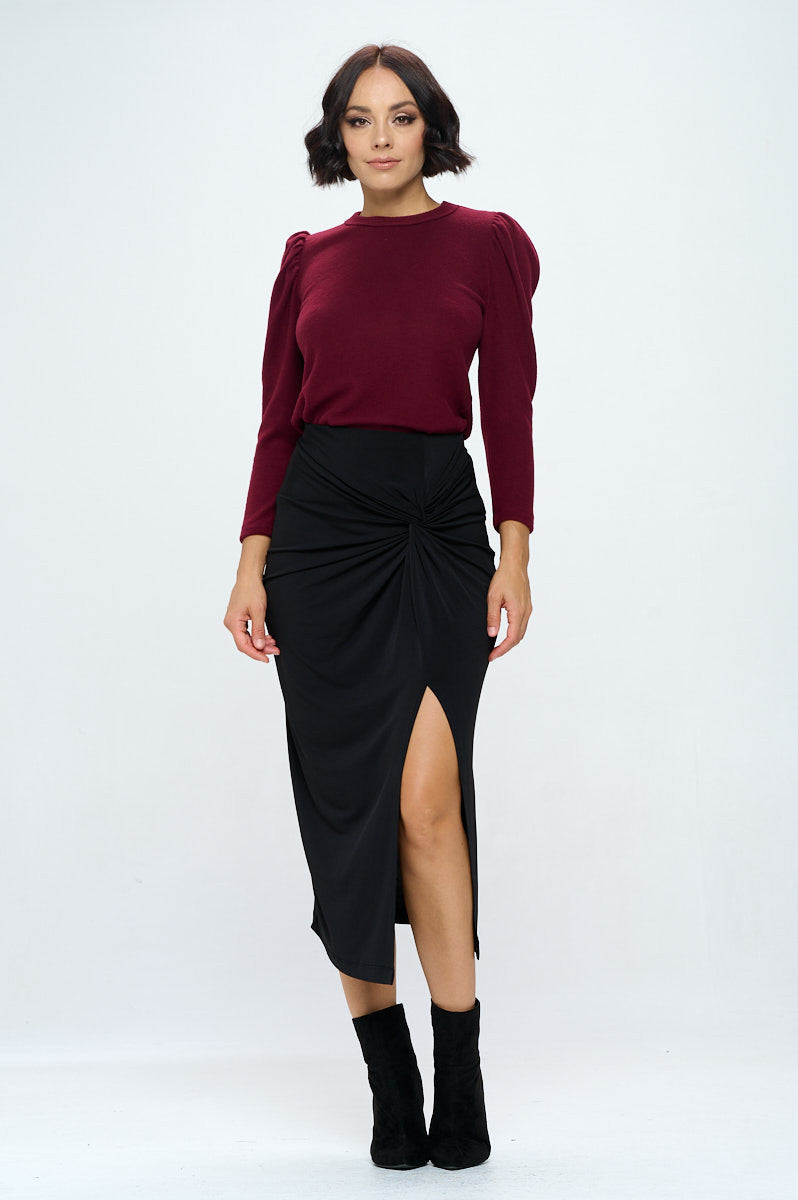 Burgundy Brushed Knit Top with Puff Sleeve-4