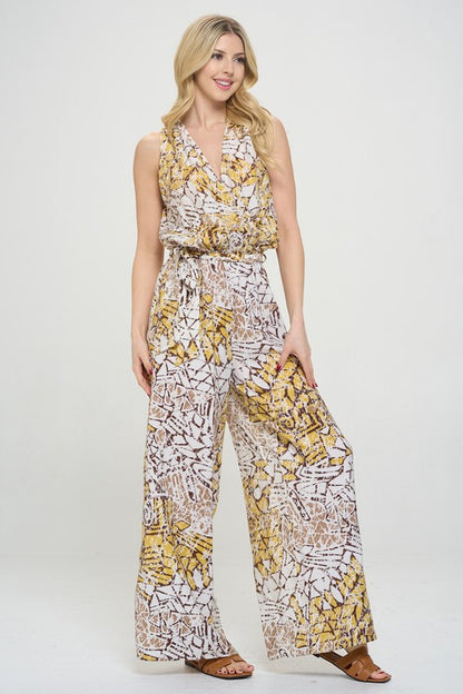 Print V neck Sleeveless Jumpsuit with Tie-2