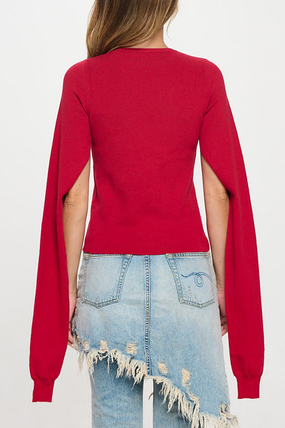 Rib Knit Round neck Sweater with Open Long Sleeve-1