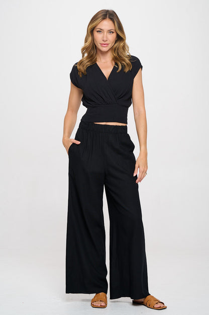 Solid Linen V neck Crop Top w Smock Back Detail-1