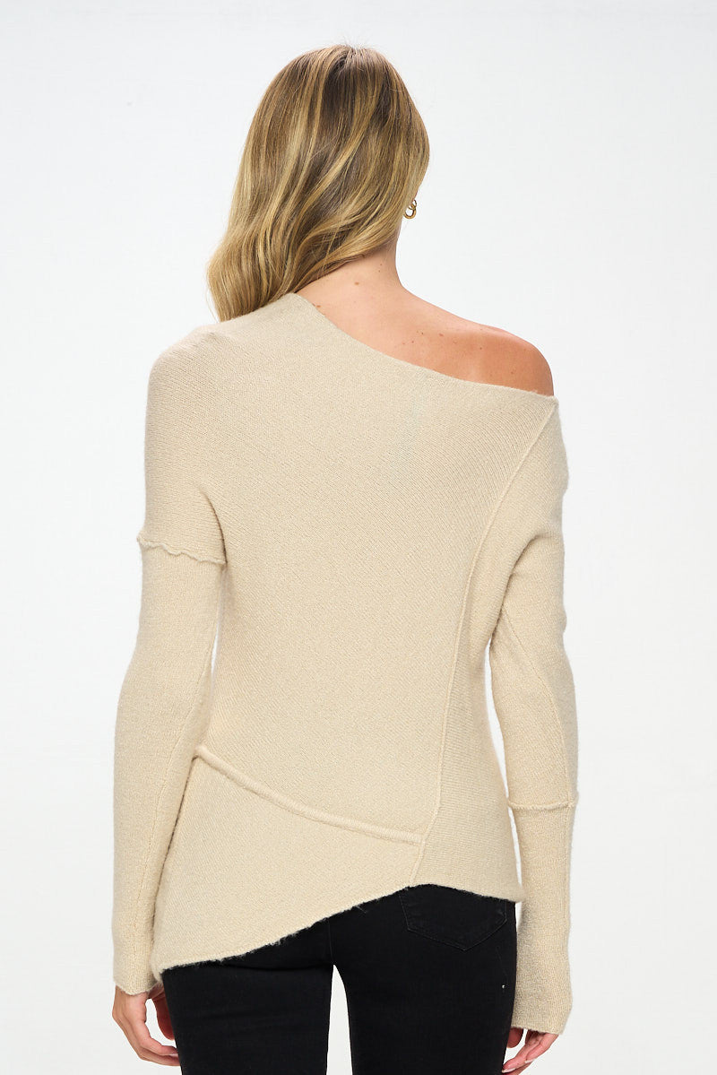 Knit Off Shoulder Tunic Sweater with Asymmetrical Hem-2