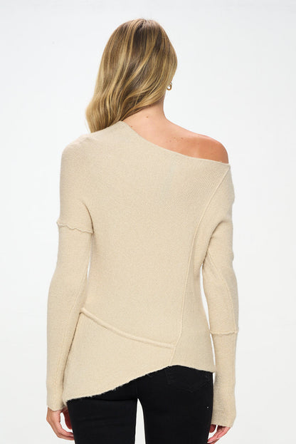 Knit Off Shoulder Tunic Sweater with Asymmetrical Hem-2