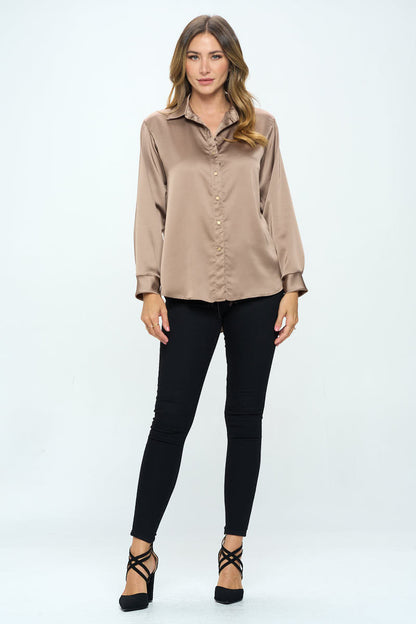 Stretch Satin V neck Blouse with Collar-4