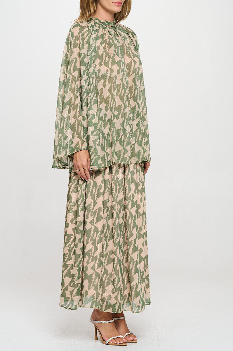 Print Sheer Long Bell Sleeve Top with Back Tie Detail-3