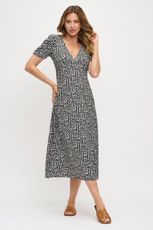 Abstract Print V neck Midi Dress-0