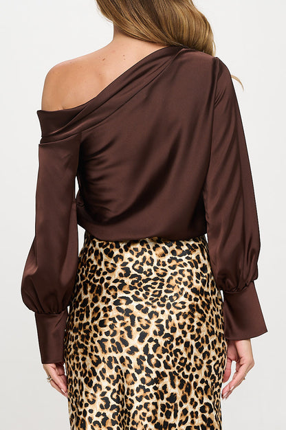 Dropped Shoulder Long Sleeve Satin Top-3