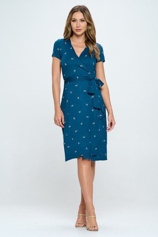 Floral Print V neck Jersey Wrap Dress with Tie-2