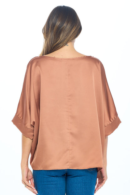Stretch Satin Solid Round neck Oversize Top-3