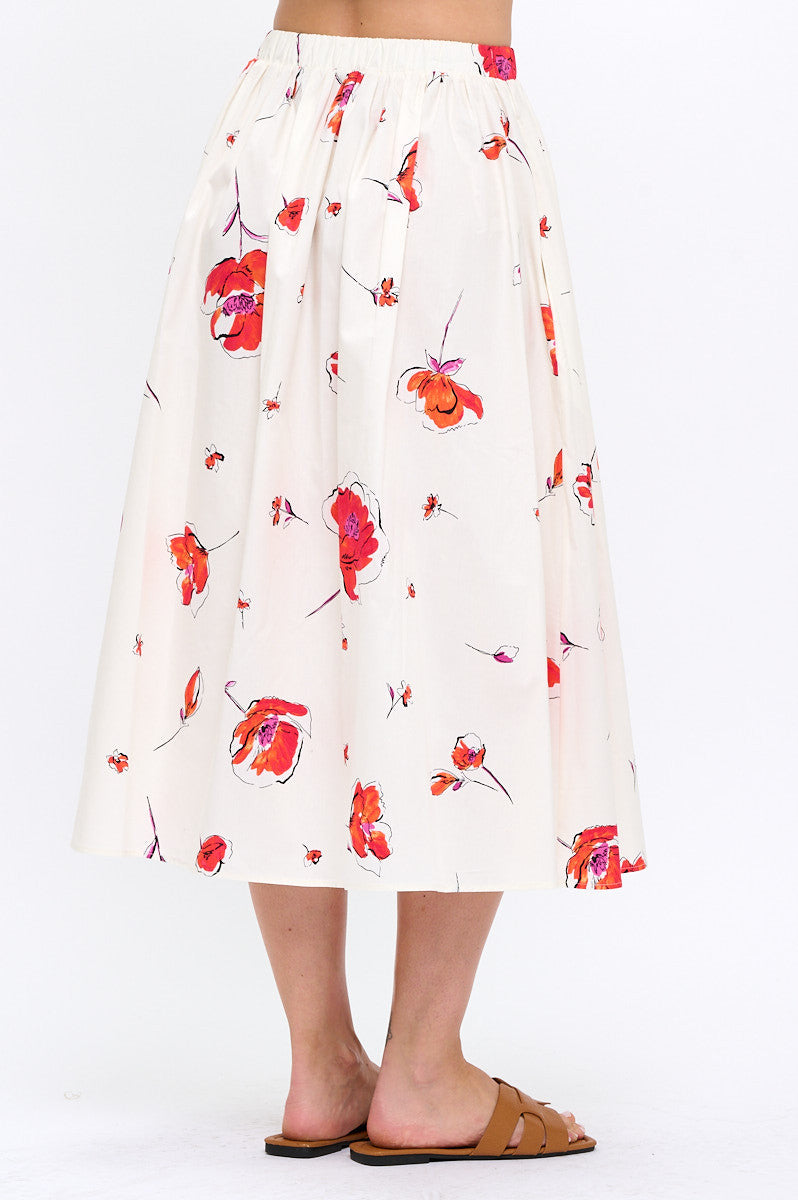 Cotton Floral Flowy Midi Skirt with Pockets-1
