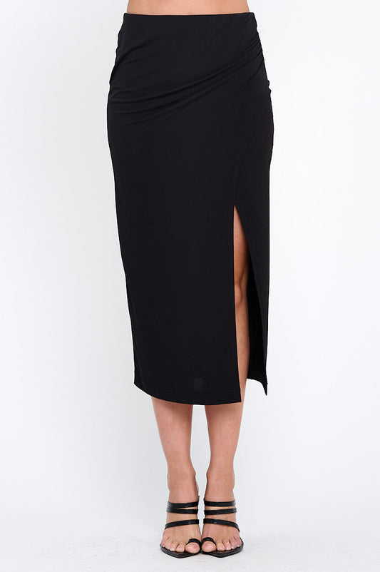 Solid Ruched Midi Skirt with Slit-0