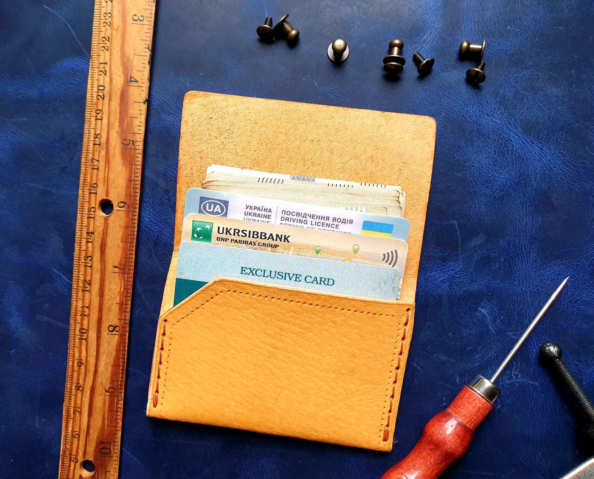 Exclusive handmade minimalist leather wallet with engraved zodiac Gemini.-12