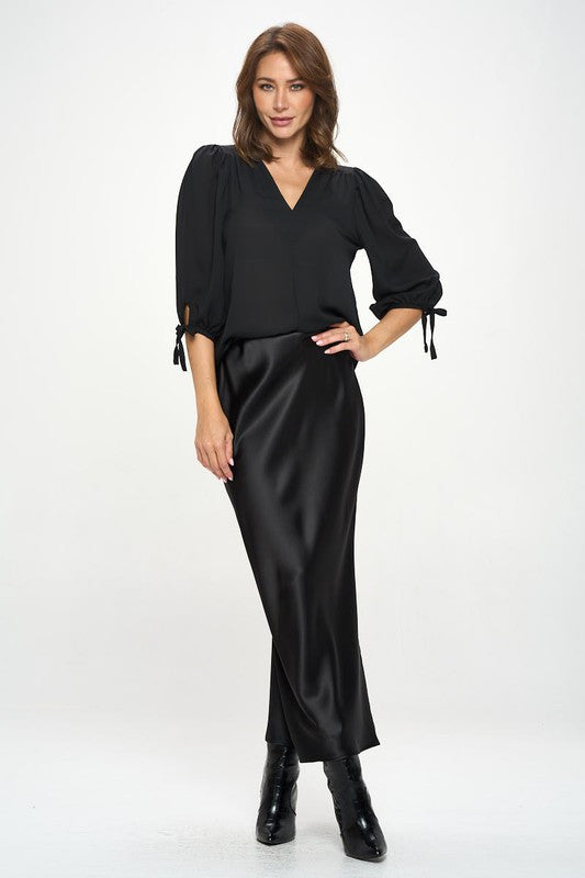 Solid V neck Top with Self Tie Sleeves-3
