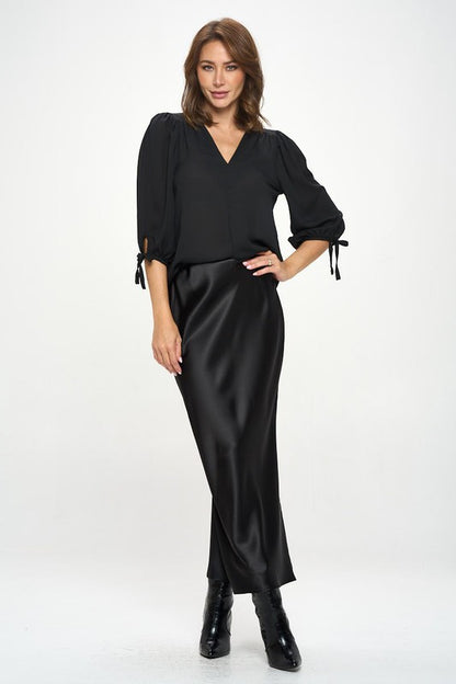 Solid V neck Top with Self Tie Sleeves-3