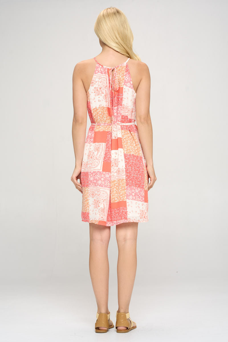 Sleeveless Patch Print Dress with Tie-4